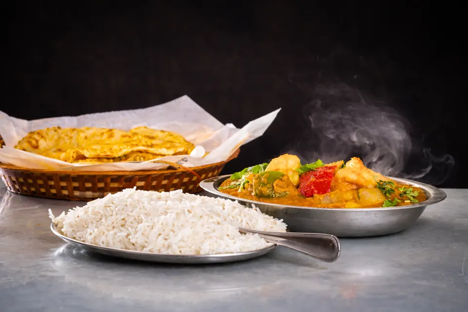 Curry with basmati rice and fresh naan